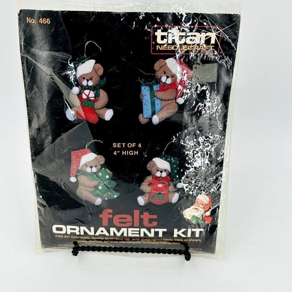 Titan Needlecraft 1980's Christmas Teddy Bear Felt Ornament Kit Set - complete